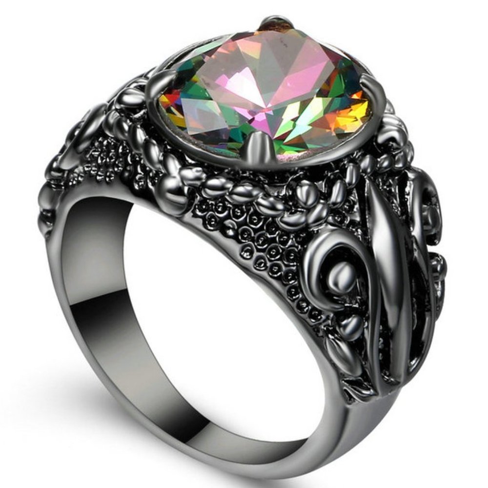 5 CT Rainbow Topaz Black Rhodium Wedding Ring 8 - Picture 1 of 3